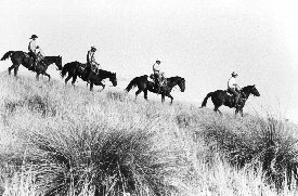 Four Cowboys Descending Grassy Hill